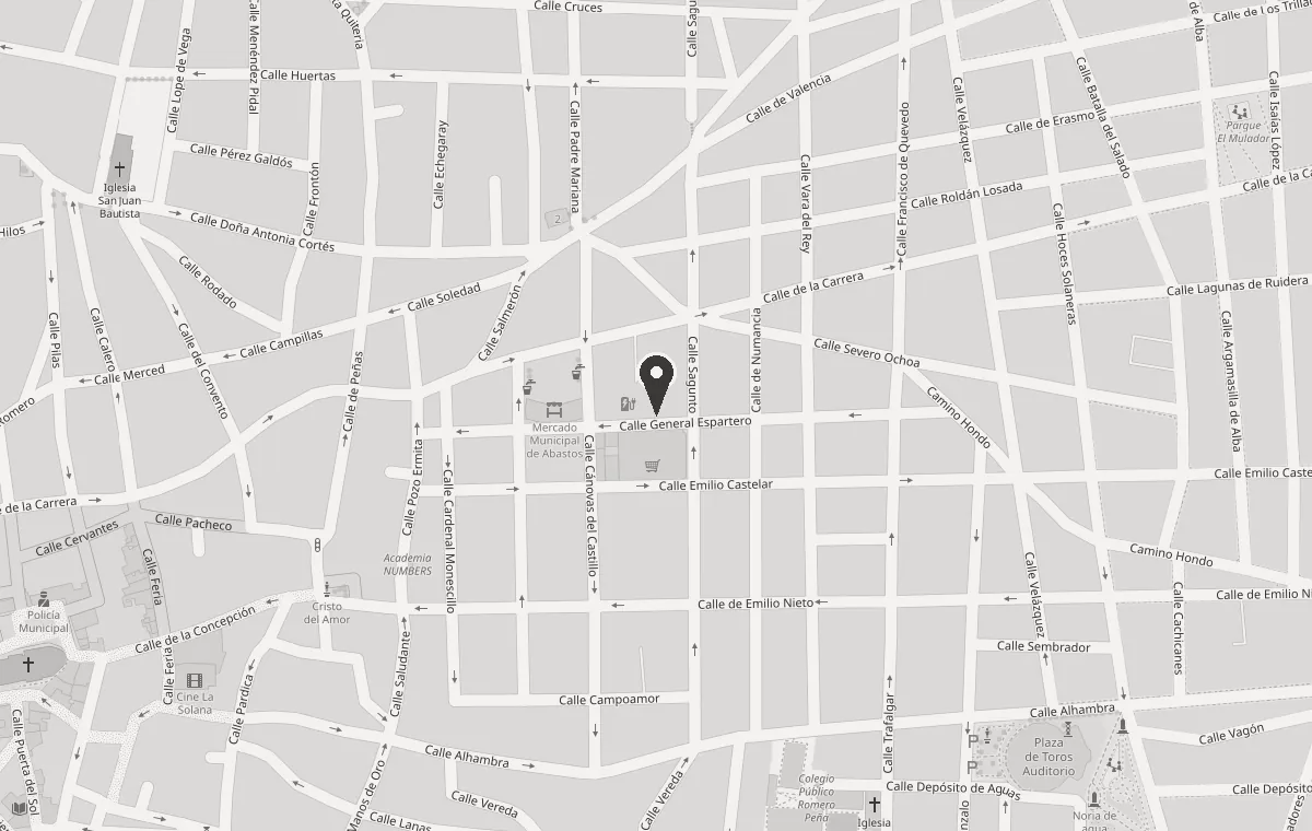 Mapa del centro de La Solana con una chincheta en C/ General Espartero 17, entre la calle Sagunto y el Mercado Municipal de Abastos